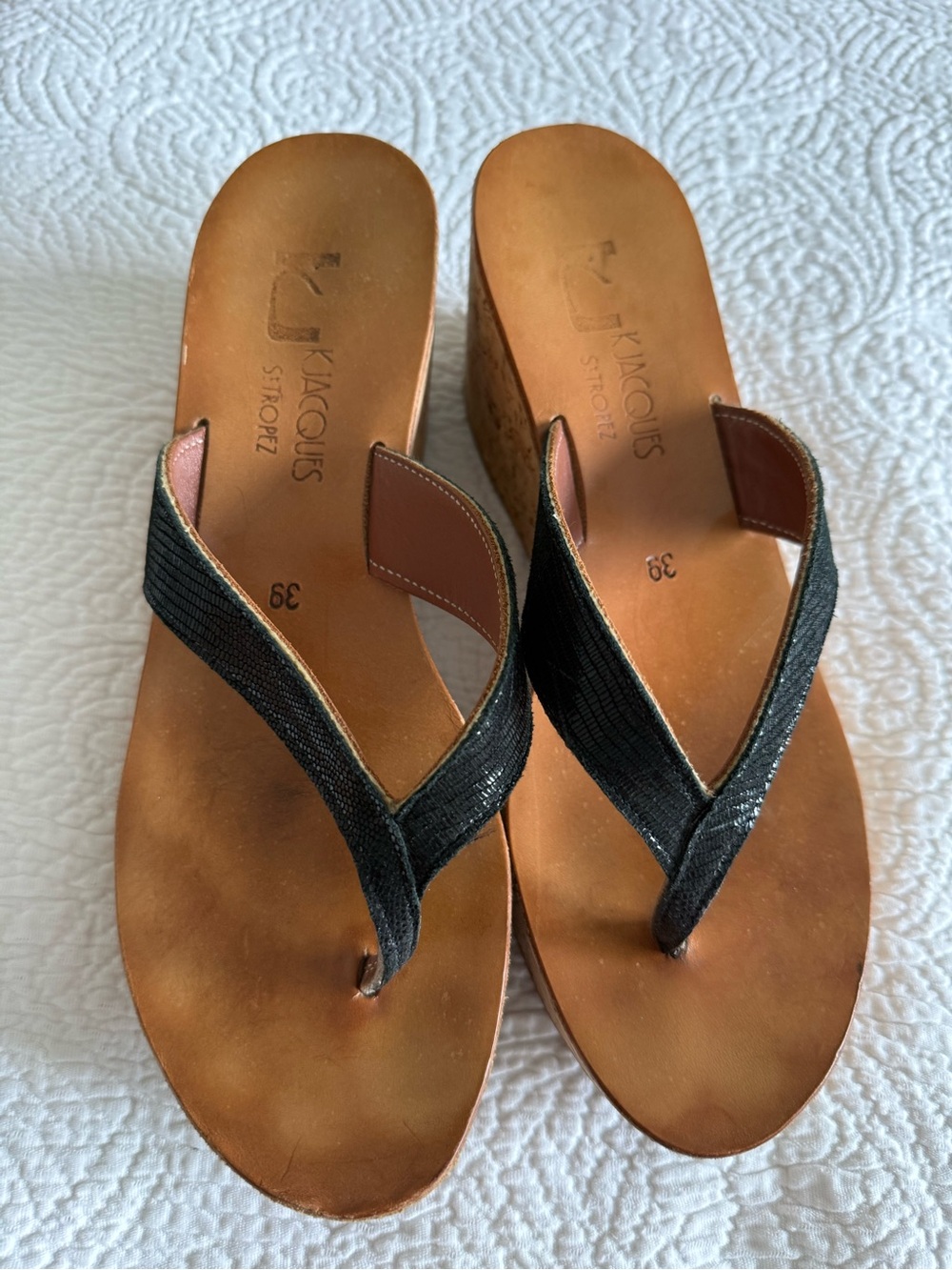 K.Jacques Black Strappy Leather Wedge Thong Sandals